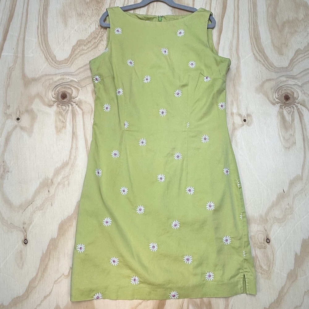 90s Y2K Vintage Embroidered Flower Amanda Smith Green Cotton Shift Dress Size 2P